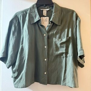 Linen Olive Green Button-Up Cropped Shirt
